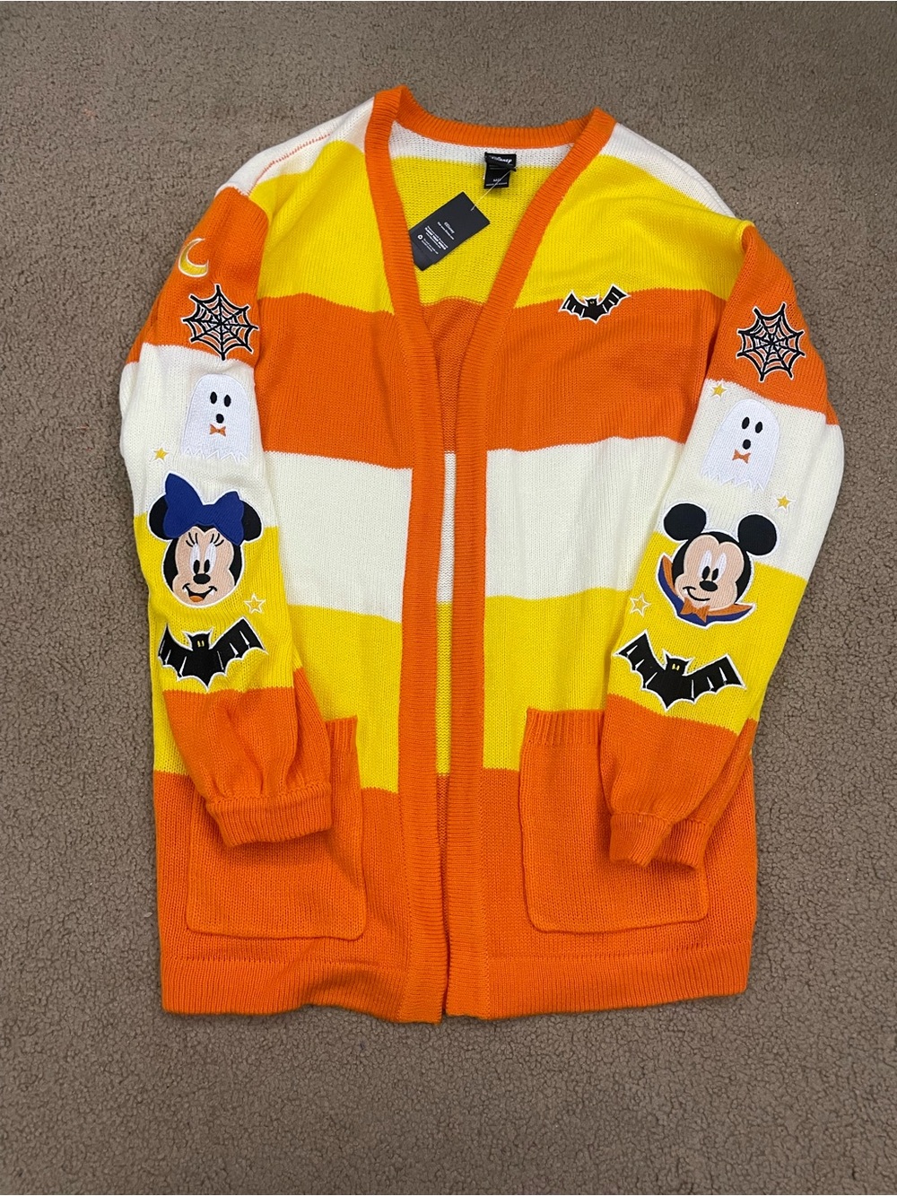 Disney candy corn Halloween women’s orange, Yellow & White Striped Cardigan